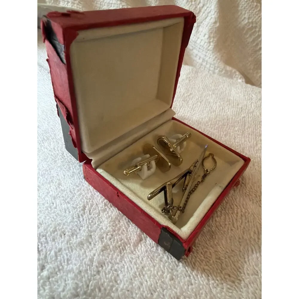 Vintage Gold Tone Tie Bar Cufflinks Set Clear Stone Men's Formal Jewelry Box
